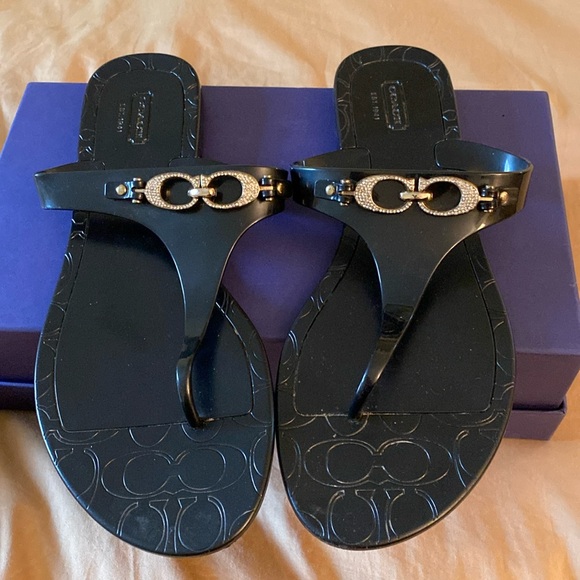 Coach Black Logo Crystal Logo Jelly Flip Flops - Picture 2 of 16